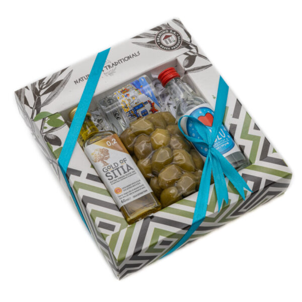 Κουτί Ελαιόλαδο 60ml & Ελιές 100gr & Ούζο 50ml & Σφηνάκι