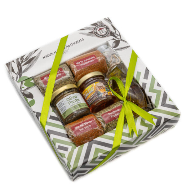 Κουτί Ελαιόλαδο με βότανα 40ml & 4 Μπαχαρικά & Πατέ Ελιάς 40gr & Μέλι 40gr