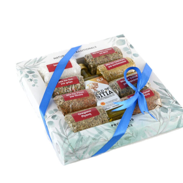 Κουτί 8 φάκελοι μπαχαρικά  & Ελαιόλαδο 60ml