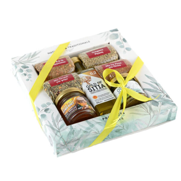 Κουτί 4 φάκελοι μπαχαρικά  & Ελαιόλαδο 60ml & Μέλι 40gr & Πατέ 40gr