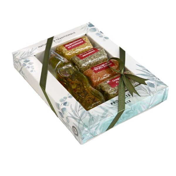 Κουτί 4 φάκελοι μπαχαρικά  & Ελαιόλαδο  με Αρωματικά Βότανα 40ml