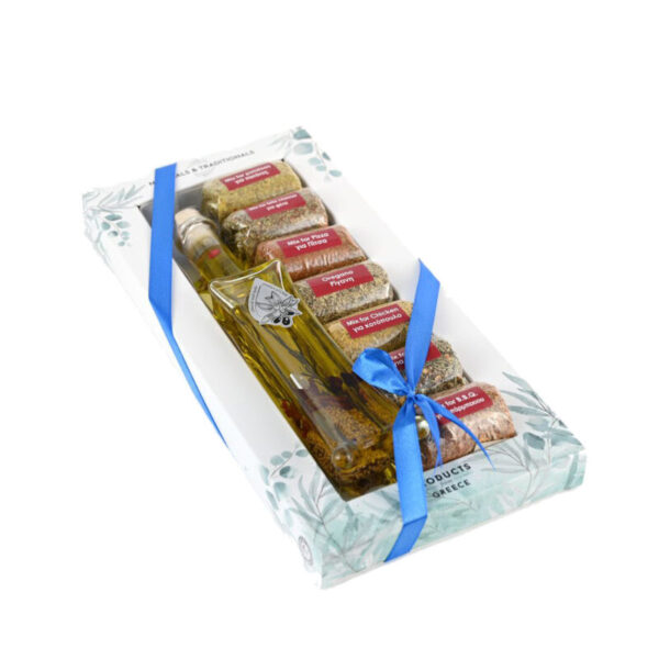Κουτί 7 φάκελοι μπαχαρικά & Ελαιόλαδο 100ml