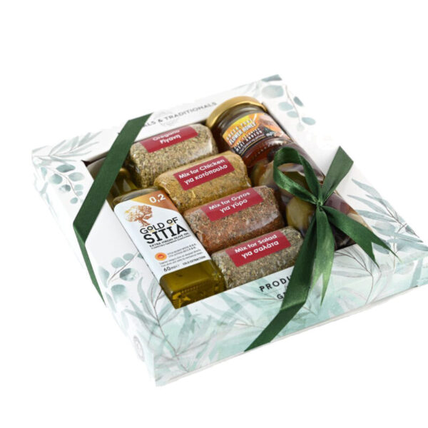 Κουτί 4 φάκελοι μπαχαρικά  & Ελαίολαδο 60ml & Μέλι 40gr & Ελιές 100gr