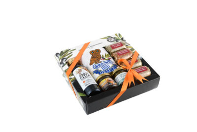 Κουτί  4 Μπαχαρικά &  Μικρή Πετσέτα & Ελαιόλαδο 100ml & Μέλι 40gr & Πατέ ελιάς 40gr