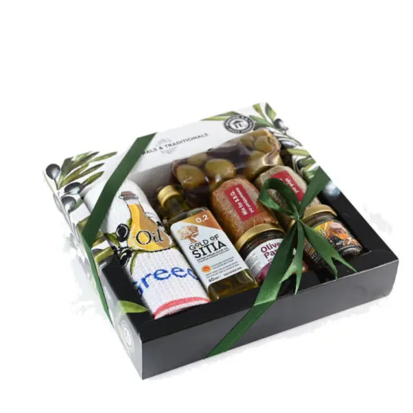 Κουτί  2 Μπαχαρικά &  Πετσέτα & Ελαιόλαδο 60ml & Ελιές 100γρ & Μέλι 40gr & Πατέ ελιάς 40gr