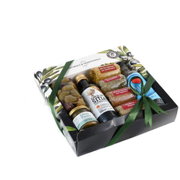 Κουτί  4 Μπαχαρικά &  Ελιές 100gr & Ελαιόλαδο 100ml & Πατέ ελιάς 40gr & Ούζο 100ml