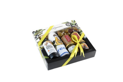 Κουτί  2 Μπαχαρικά & Ελαιόλαδο 100ml & Μικρή Πετσέτα & Μέλι 40gr & Πάστα Έλιας 40gr & Ελιές 100gr