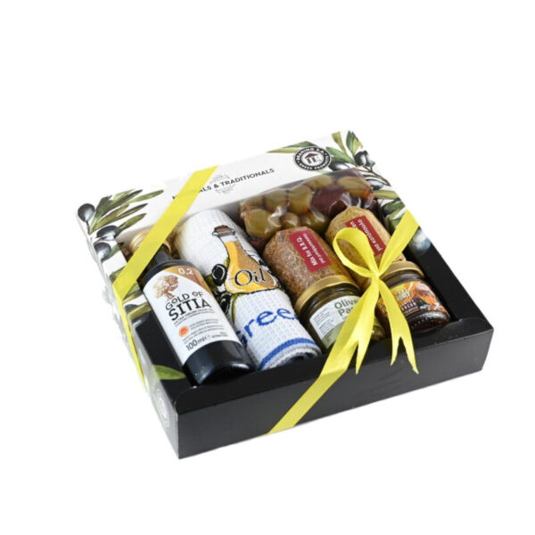 Κουτί  2 Μπαχαρικά & Ελαιόλαδο 100ml & Μικρή Πετσέτα & Μέλι 40gr & Πάστα Έλιας 40gr & Ελιές 100gr