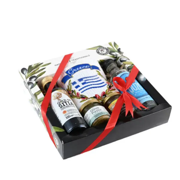 Κουτί  Ελαιόλαδο 100ml & Μικρή Πετσέτα & Μέλι 40gr & Πάστα Έλιας 40gr & Ούζο 100ml