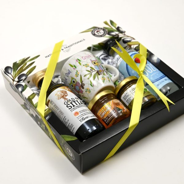 Κουτί  Ελαιόλαδο 100ml & Πάτέ Ελιάς 40gr & Μέλι 40gr & Κούπα & Ούζο 100ml