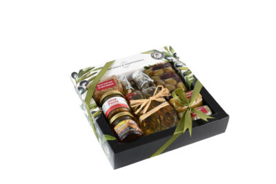 Κουτί  3 Μπαχαρικά & Ελαιόλαδο με βότανα 40ml & Ξύδι με βότανα 40ml & Πάτέ Ελιάς 40gr &  Μέλι 40gr & Ελιές 100gr