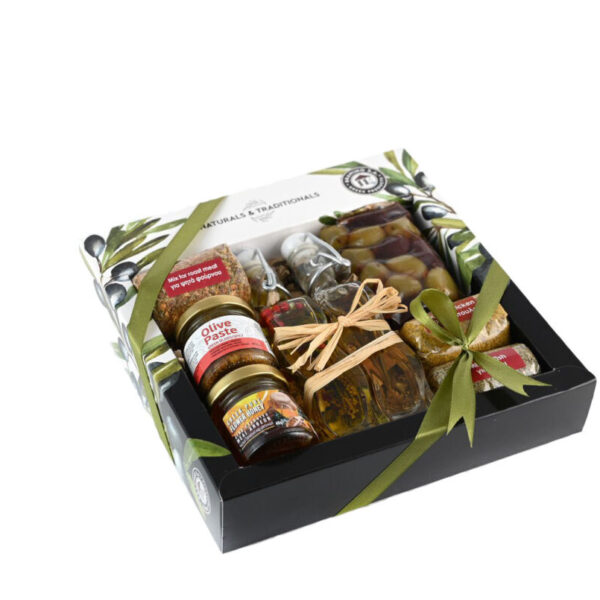 Κουτί  3 Μπαχαρικά & Ελαιόλαδο με βότανα 40ml & Ξύδι με βότανα 40ml & Πάτέ Ελιάς 40gr &  Μέλι 40gr & Ελιές 100gr