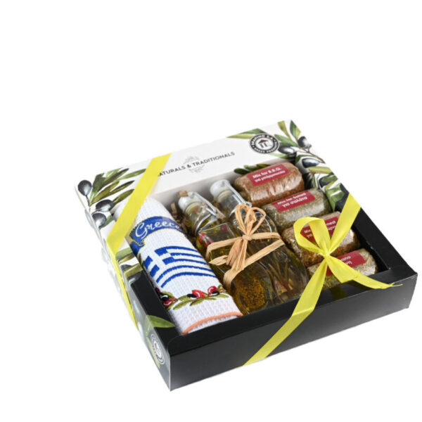 Κουτί  4 Μπαχαρικά & Ελαιόλαδο με βότανα 40ml & Ξύδι με βοτάνα  40ml  & Μικρή Πετσέτα