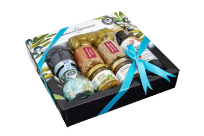 Κουτί 2 Μπαχαρικά & Ελαιόλαδο 100ml &  Μικρός Μύλος Μπαχαρικών & Ελιές 100gr & Πατέ Ελιάς 40gr & Μέλι 40gr