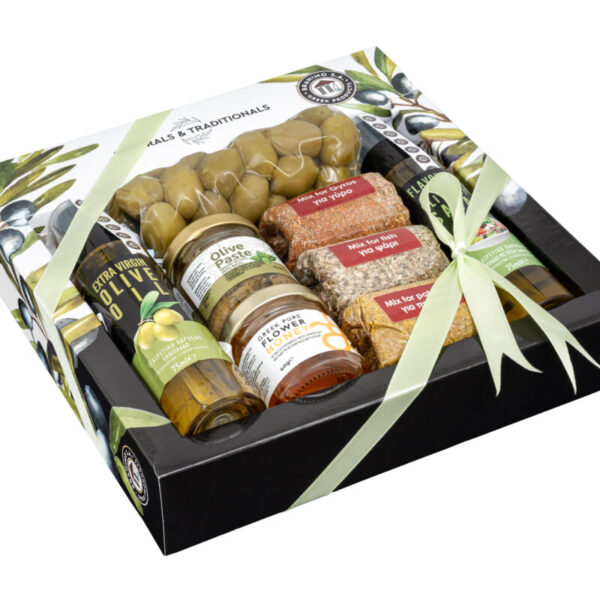 Κουτί 3 Μπαχαρικά & 2 Σπρέι Ελαιολάδου & Ελιές 100gr & Πατέ Ελιάς 40gr & Μέλι 40gr